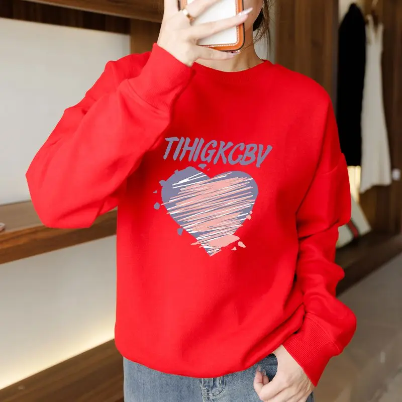 2023 Autumn and Winter Women's New Loose Casual Round Neck Long Sleeve Solid Print Comfortable Versatile Pullover T-shirt