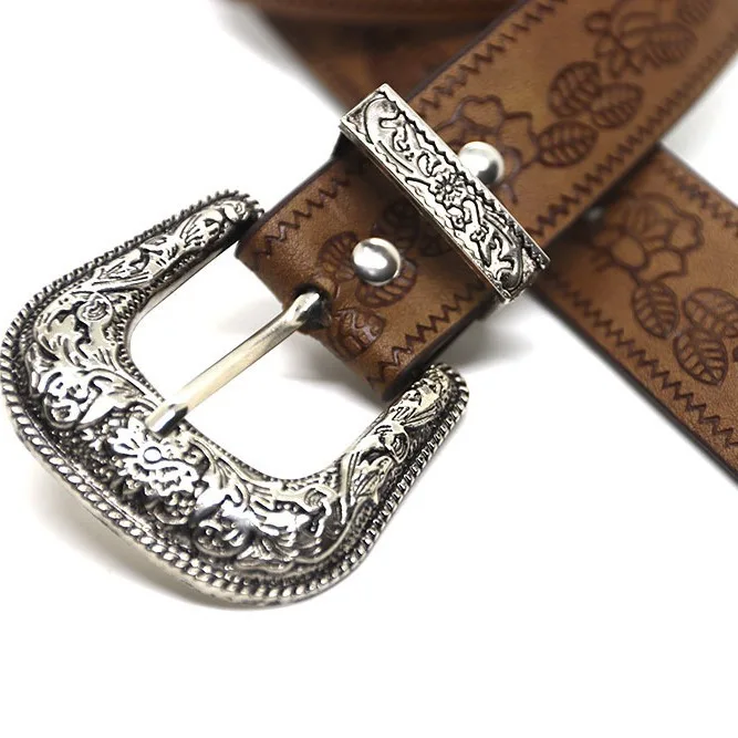 Western Retro Floral Engraved Antique Belt Buckle Set 3pcs  display picture 3