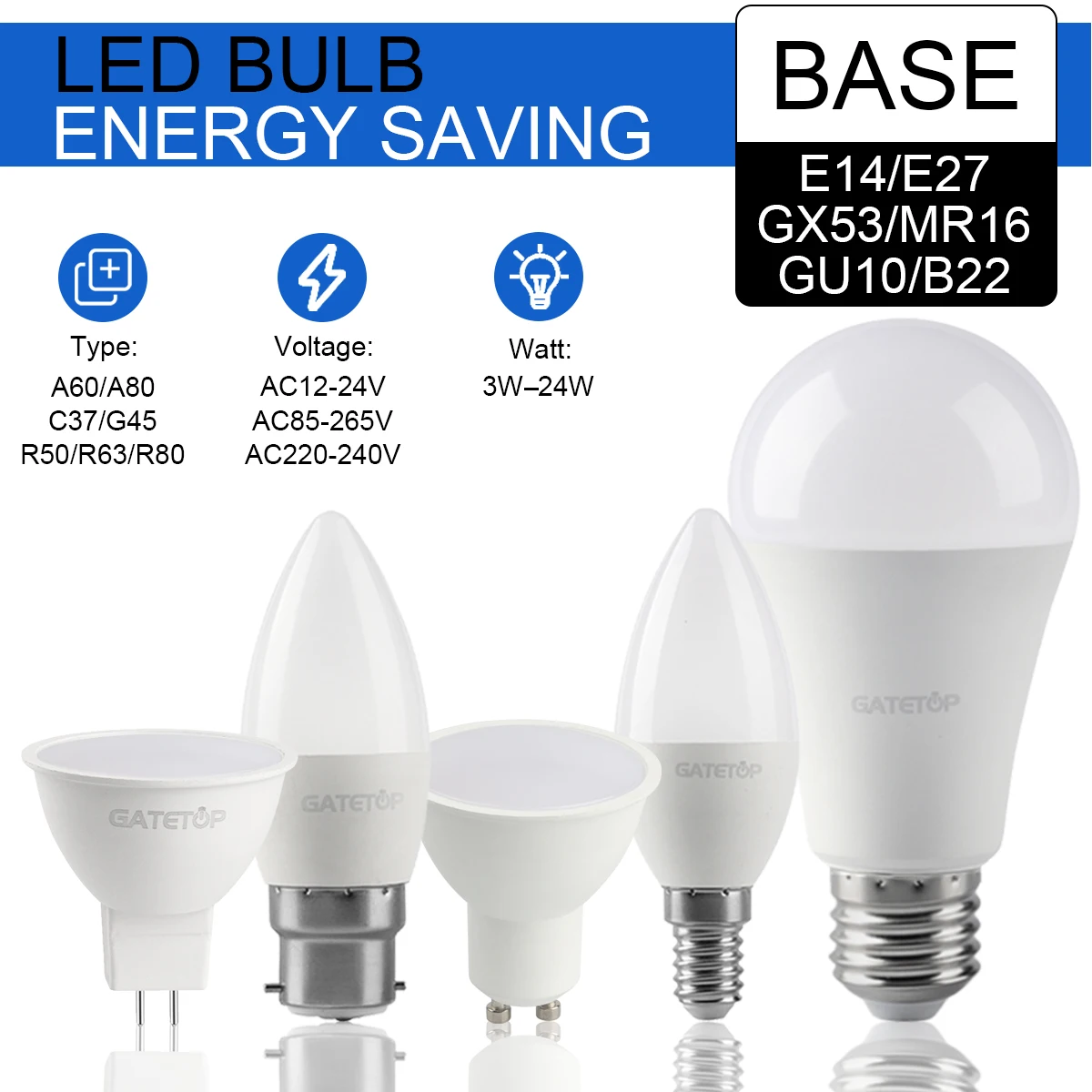 

LED Light Bulbs Spotlight AC220-240V 24W 18W 15W 9W Energy Saving Bulbs E27 E14 GU10 High Lumen Saving for Living Room