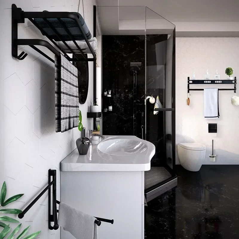 40/50/CM Double Layer Towel Rack Black Non Drilling Movable Wall Mounted Bracket Aluminum Shower Rack Bathroom Accessories