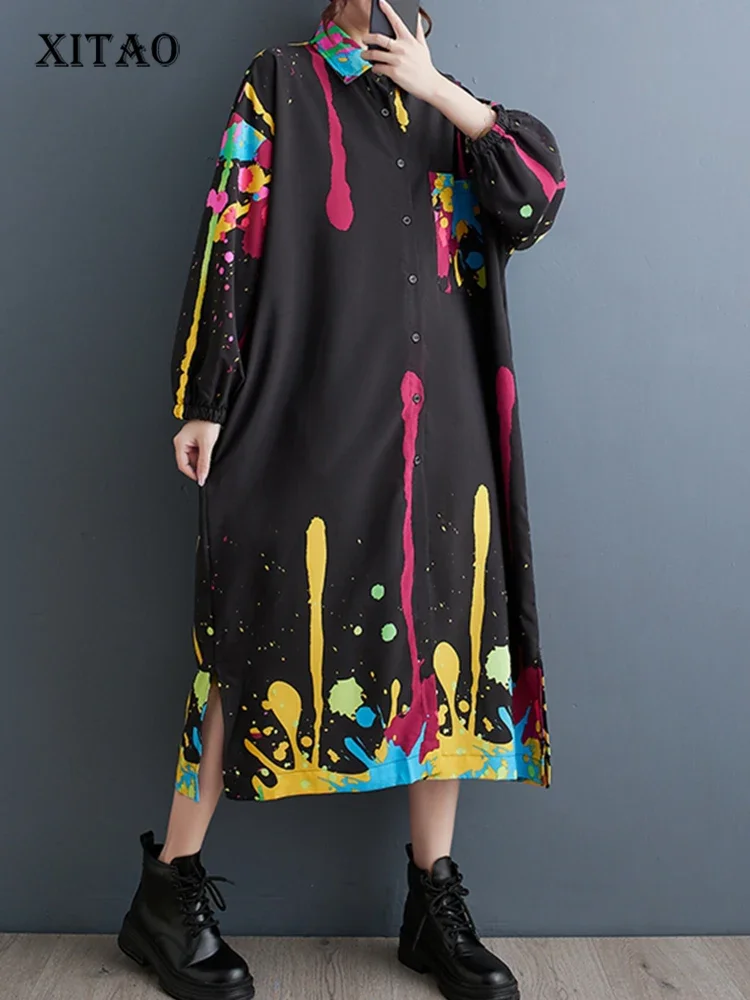

XITAO, свободное Повседневное платье с принтом, с длинным рукавом, модное, отложной воротник, однобортное, 2023, Осеннее, женское, новое платье LYD1001