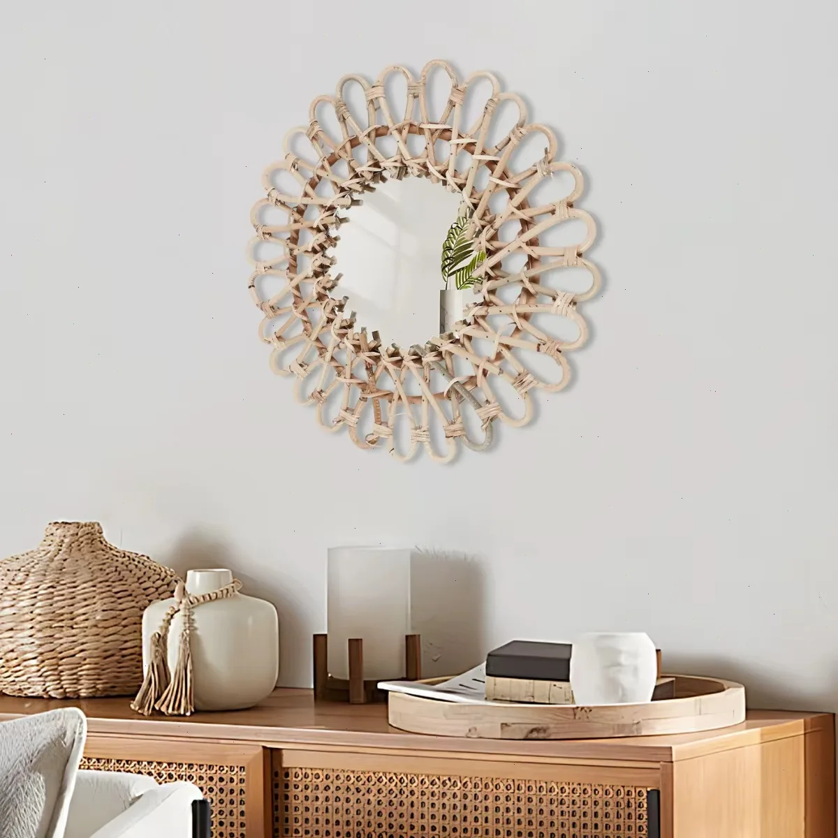 Rotan wandspiegel boven rotan dressoir met pampas en vaas