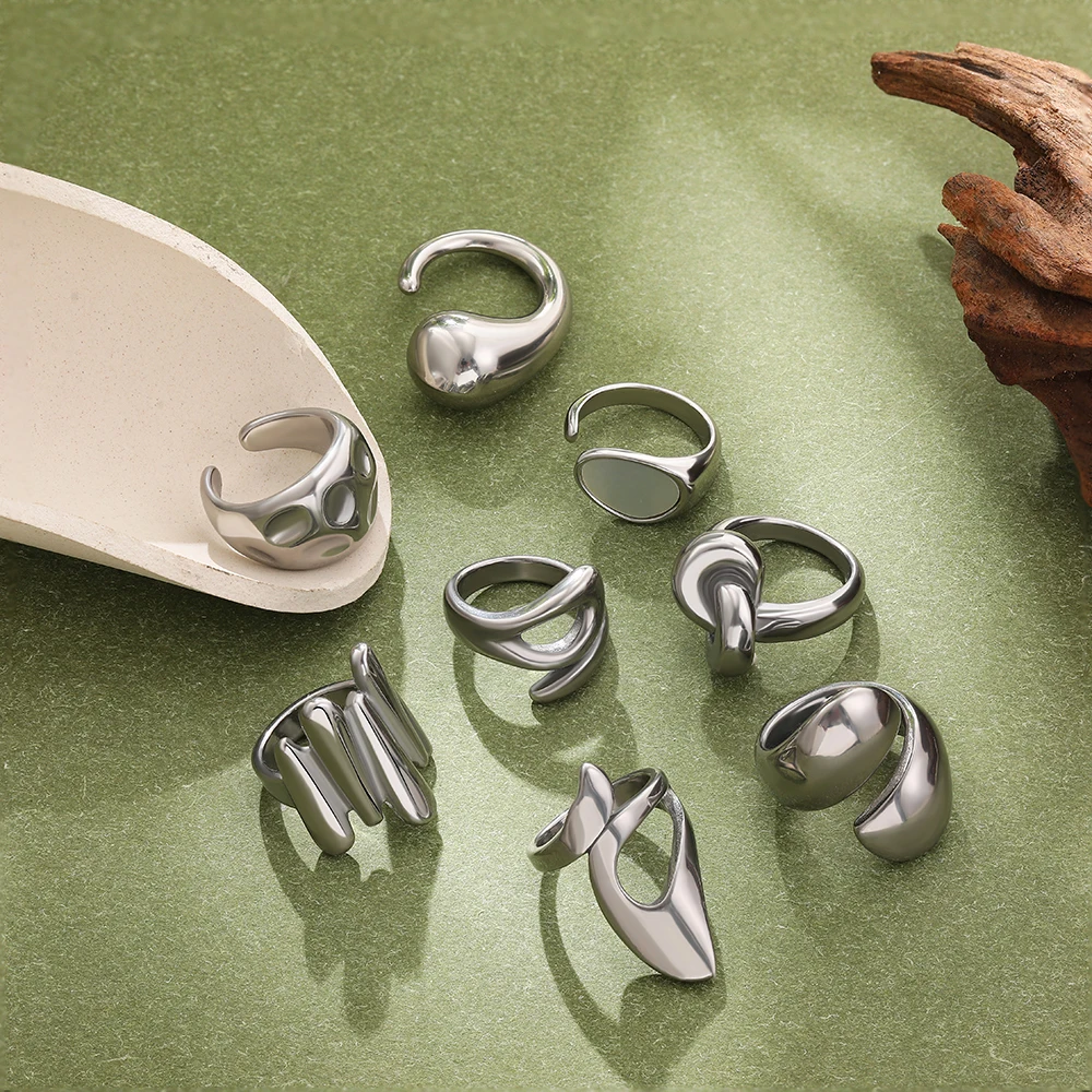 Classics Waterproof Opening Adjustable Dome Chunky Rings Stainless Steel Texture Knot Wide Finger Knuckle Ring Anillos Jewelry