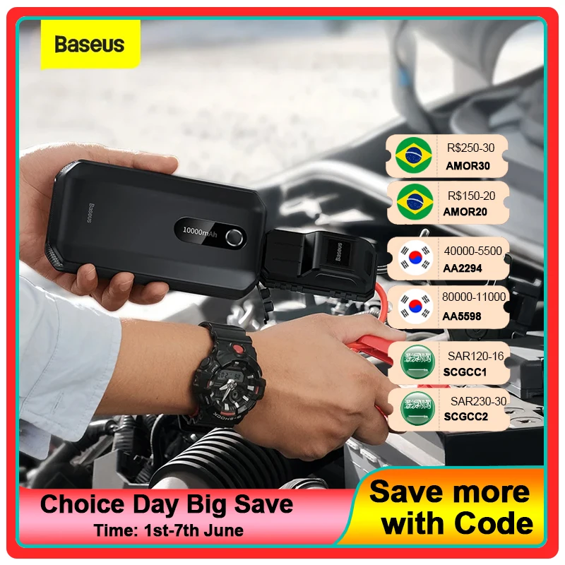 Baseus-Dispositivo de partida Car Jump Starter, Jumpstarter 1000A, Auto Buster, Impulsionador de emergência, 12V, Banco de potência Car Jump Start, 10000mAh