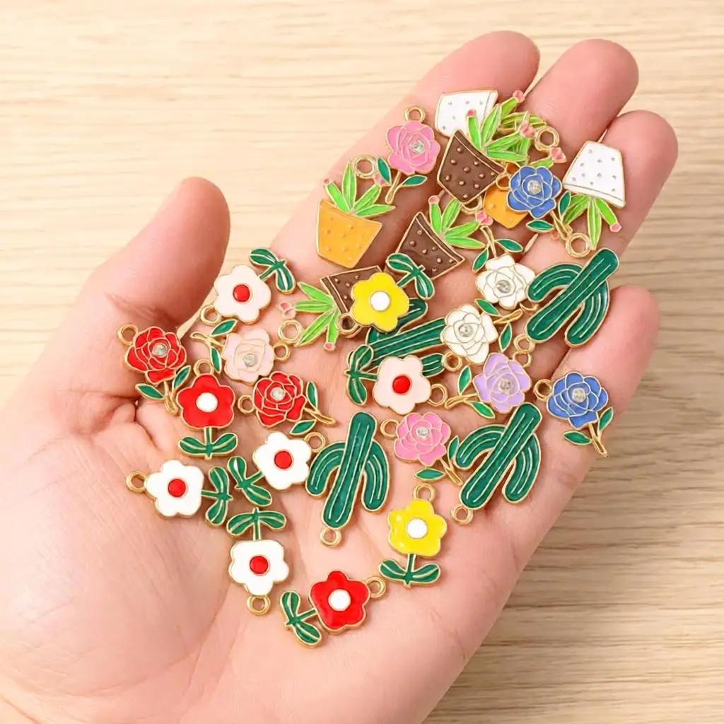 10 Stück Niedliche Emaille-Anhänger mit Pflanzen-, Kaktus- und Blumenmotiven für die Herstellung von Ohrringen, Halsketten, Armbändern, DIY-Bastelarbeiten und Schmuckzubehör