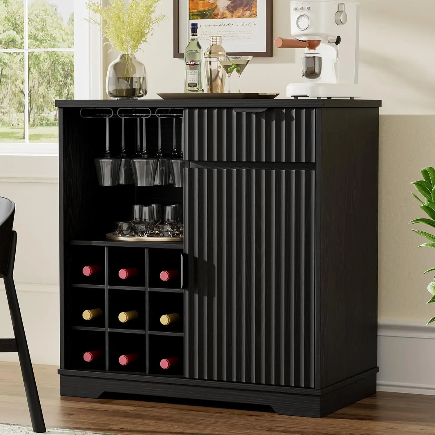 Fluted Coffee Bar Cabinet, Modern Liquor Cabinet with Glass Holder & Wine Rack, Wine Bar Cabinets with Storage,, Customized