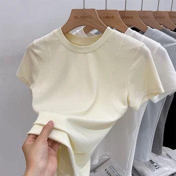 AOSSVIAO 2025 الصيف قصيرة الأكمام المحملة امرأة الملابس التي شيرت مثير Y2k قمة مثير المرأة س الرقبة تي شيرت مطاطا سليم القمم 3