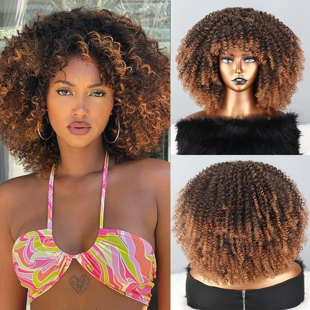 

Short Hair Afro Kinky Curly Wigs With Bangs African Synthetic Ombre Glueless Cosplay Wigs For Black Women High Temperature