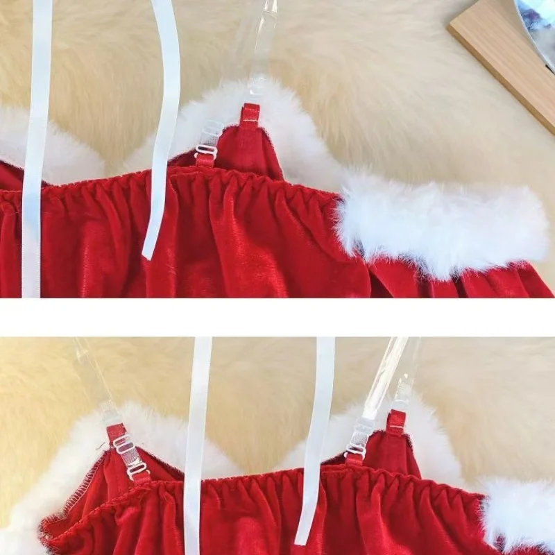 Sexy Strap Off Shoulder Petal Sleeve Patchwork Top With Ruffle Elastic Waist Shorts Erotic Women's Red Lingerie Slim Fit Pajamas