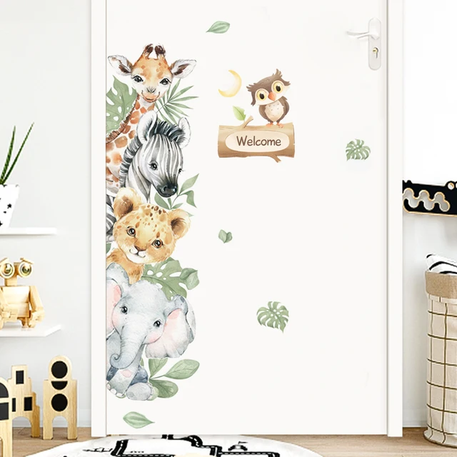 Door Stickers Cute Jungle Animals Elephant Giraffe Watercolor Wall Sticker