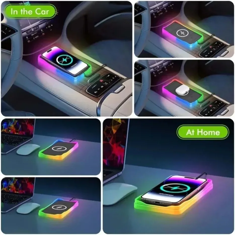 100W Car Wireless Charger Phone Stand Non Slip ON/OFF RGB Light Pad for iPhone 16-12 Samsung Xiaomi AirPods 4 Pro Fast Charging