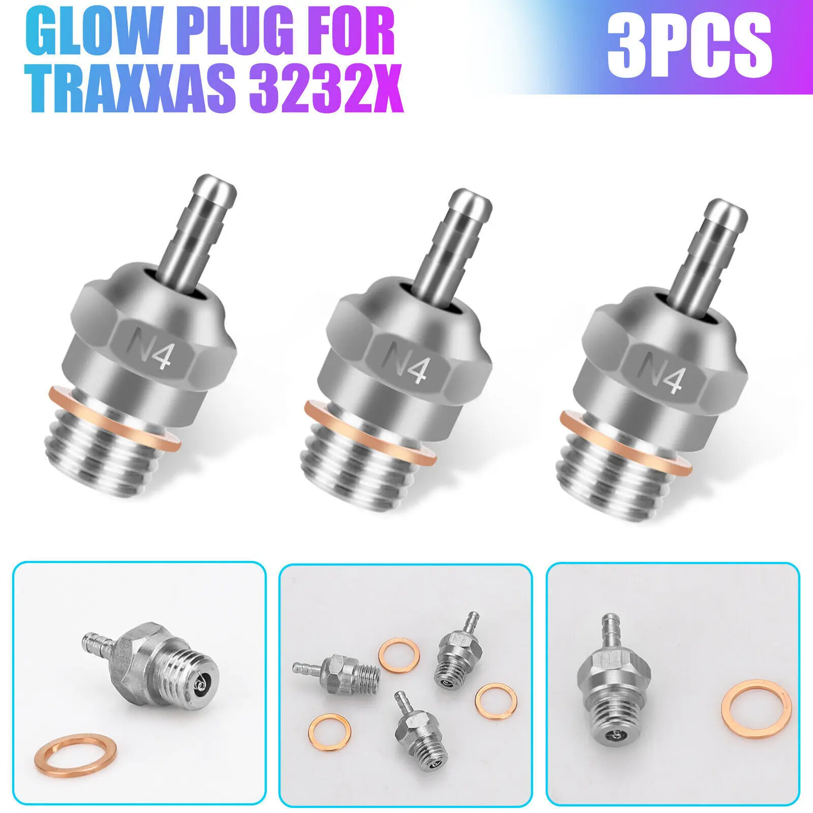 N4 3Pack Duty Long Medium Glow Plug For Traxxas 3232X 1/10 T-Maxx 2.5 / 3.3