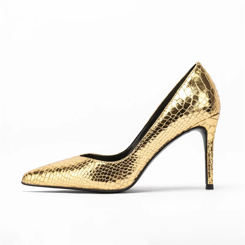 

2023 New Golden Snake Skin Women Single Shoes Sexy Pointed Toe Thin Heels Women Wedding Shoes Slip-On Causal Sapatos Femininos