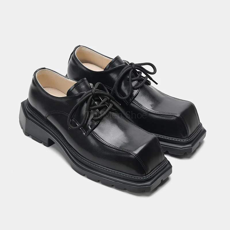Men's Square Toe Leather Derby Shoes Women's Thick Sole Big Toe British Retro Lace Up Casual Leather Shoes for Gentlemen 2