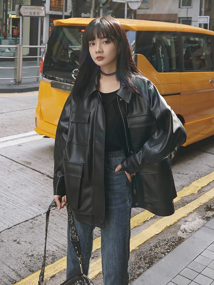 

multi pocket zipper PU leather jacket coat women 2023 autumn winter streetwear punk hip hop loose motorcycle outerwear lady 9821