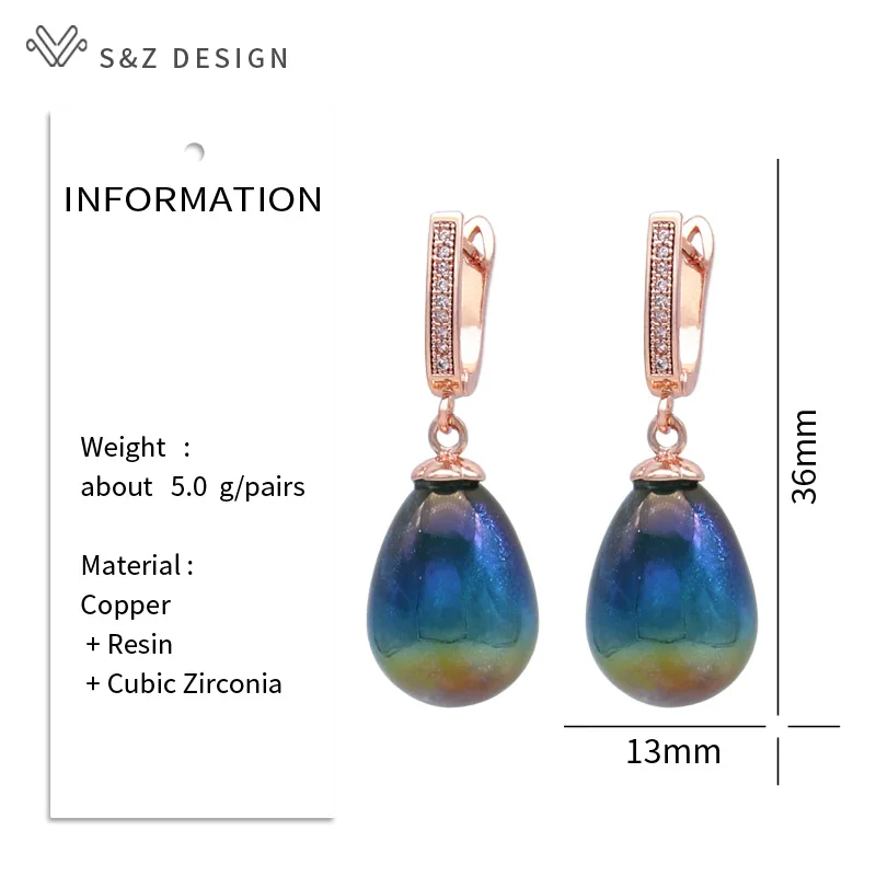 S&Z DESIGN New Fashion Colorful Water Drop Beads Dangle Earrings For Women Wedding 585 Rose Gold Color Cubic Zirconia Jewelry