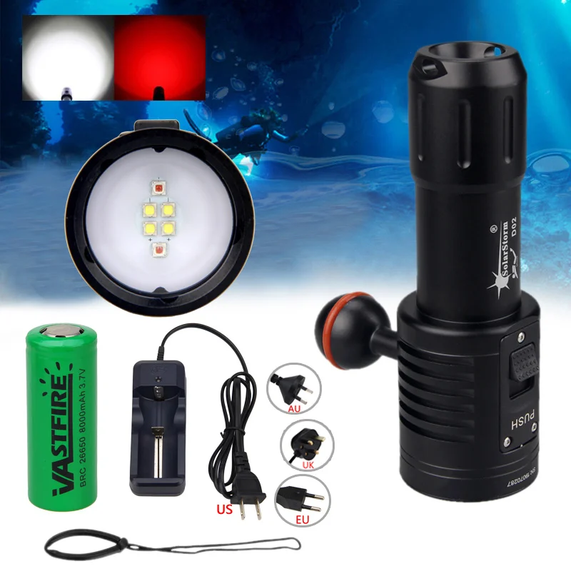 6000LM 4xWhite+2xRed LED Photography Scuba Diving Flashlight 26650 Video Lamp 