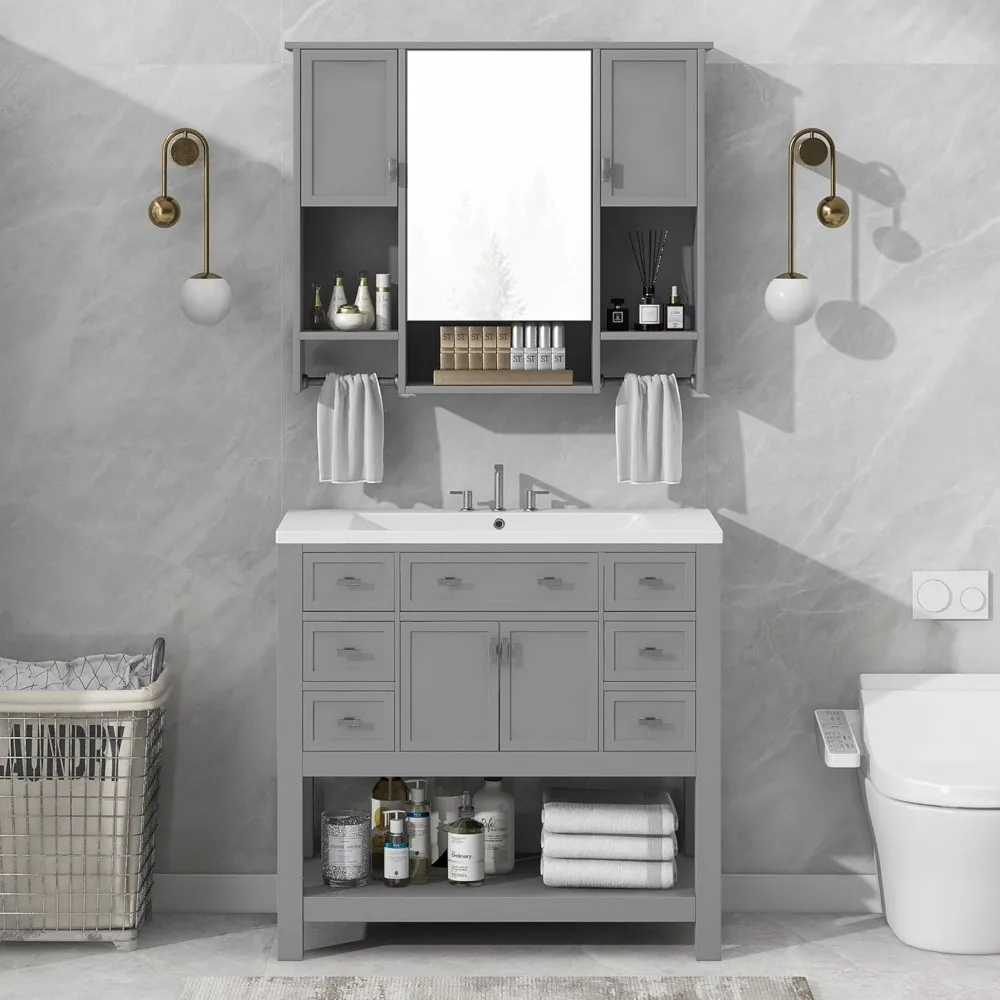 36" Solid Wood Bathroom Sink Vanity with Matching Medicine Cabinet
