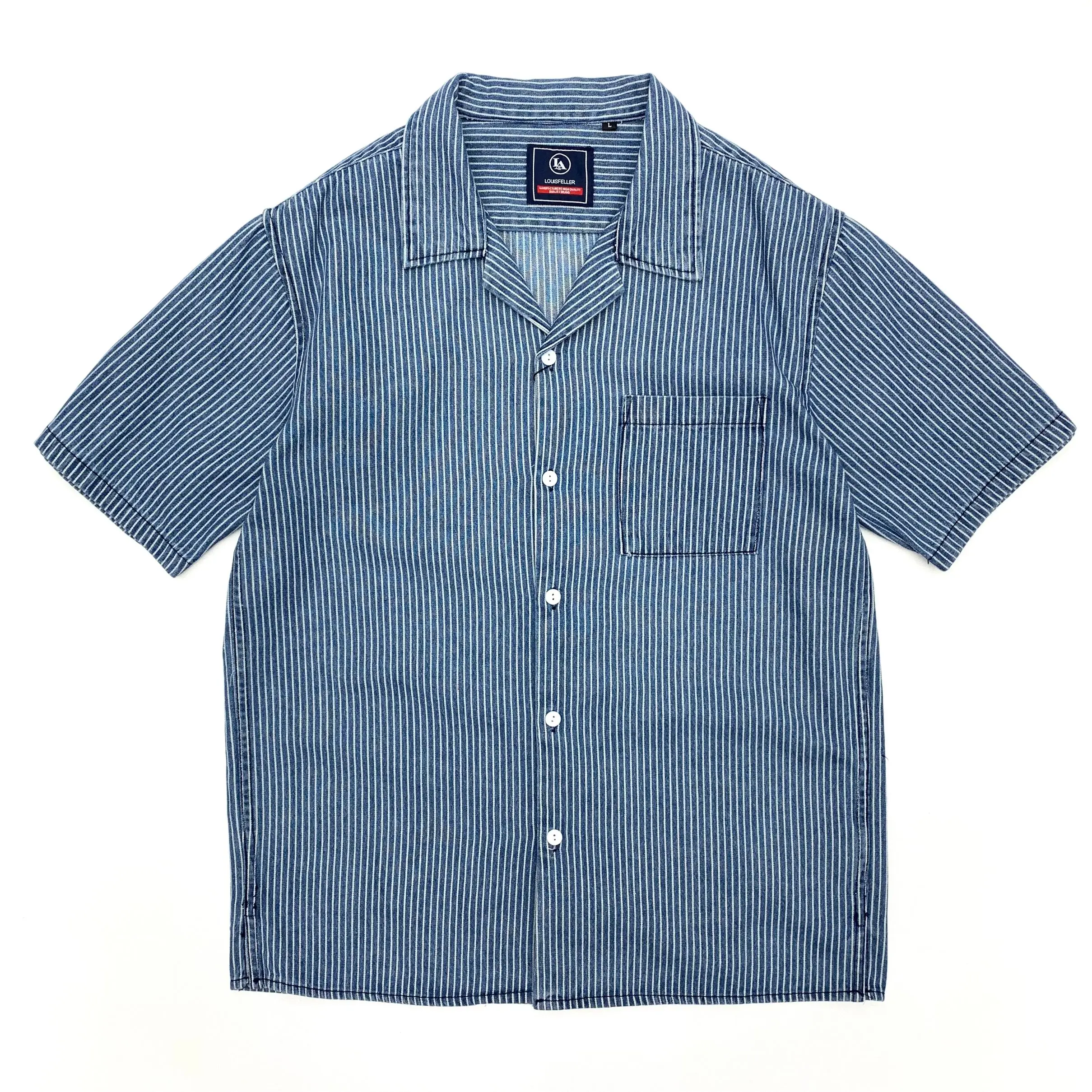 Cotton Amekaji American Vintage Striped Short Sleeve Shirt Men Cuban Neck Denim Shirt Retro Casual Hong Kong Male Tops