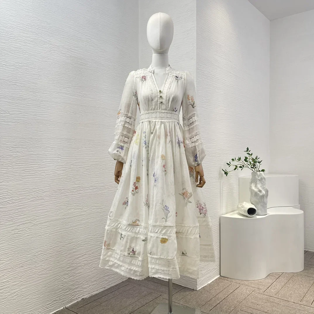 

Женское платье с длинным рукавом, черное льняное шелковое лоскутное платье с цветочным принтом, белое летнее платье 2024