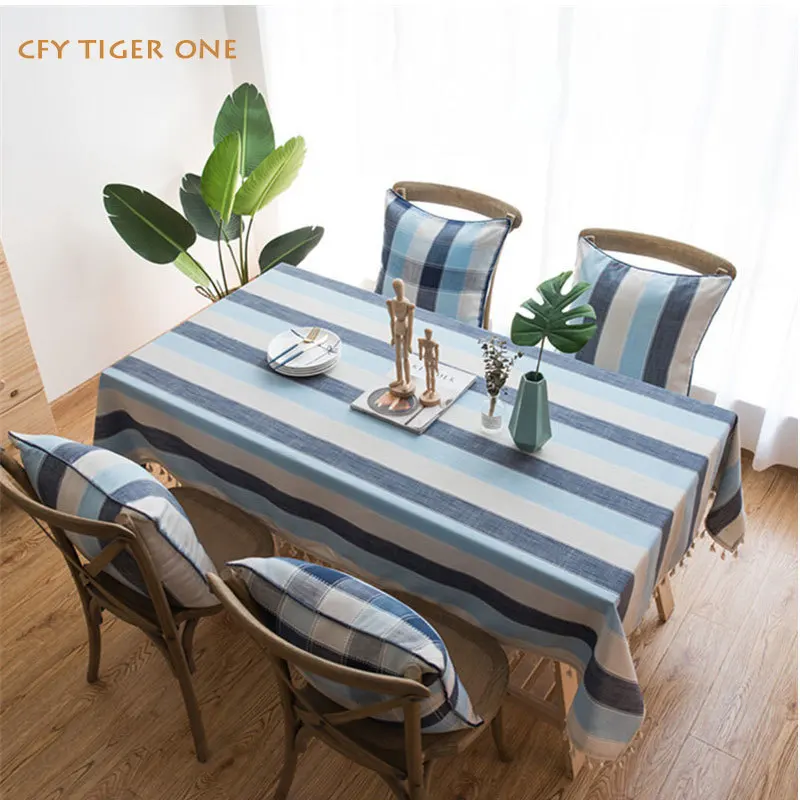 

Waterproof Mediterranean Style Blue Striped Tassel Rectangular Tablecloth Resistant Coffee Table Mat Dustproof Table Cover