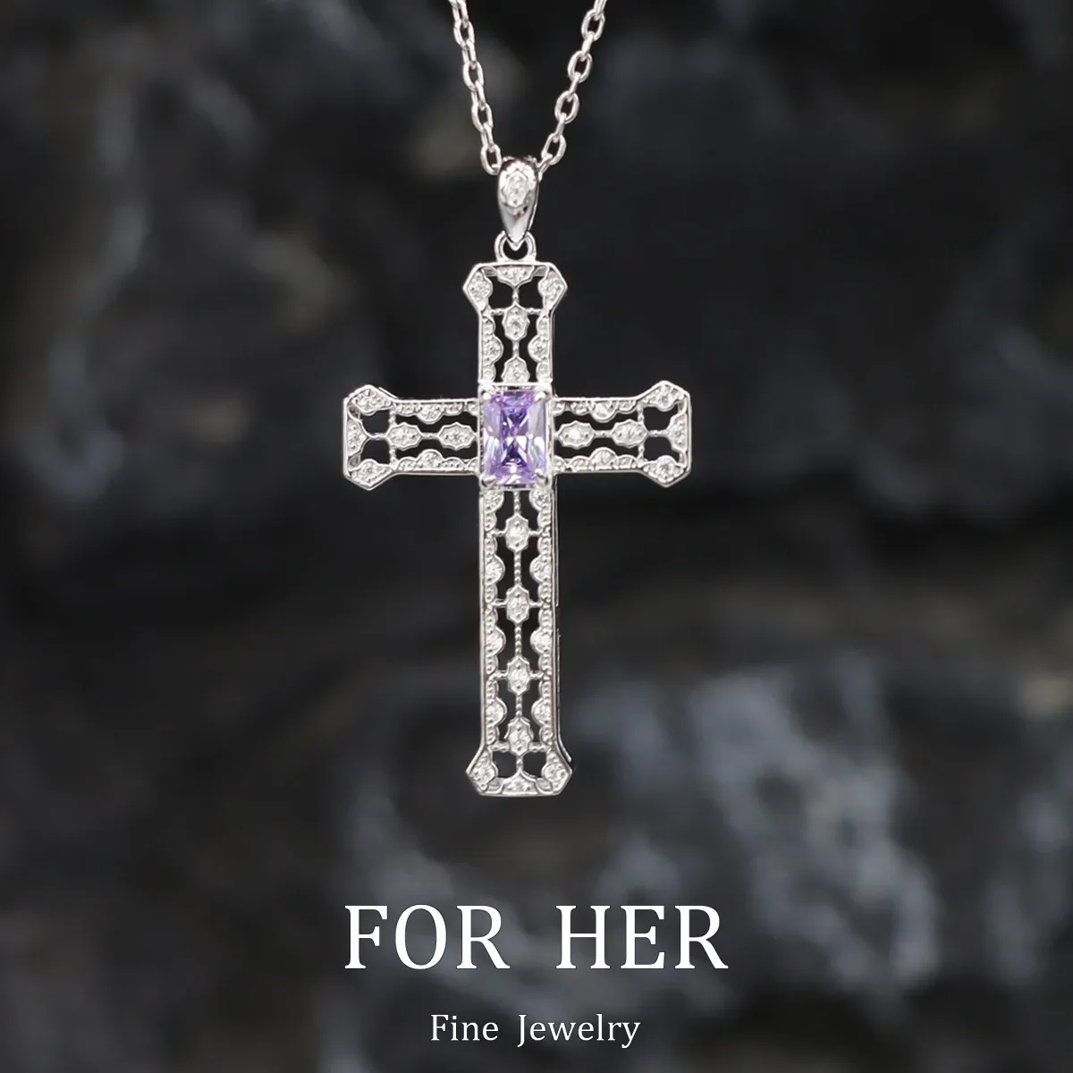 

ForHer Jewelry Purple Stone Cross Pendant Necklace Original Sterling Sliver Chain Plated 18k White Gold Fine Necklace for Women