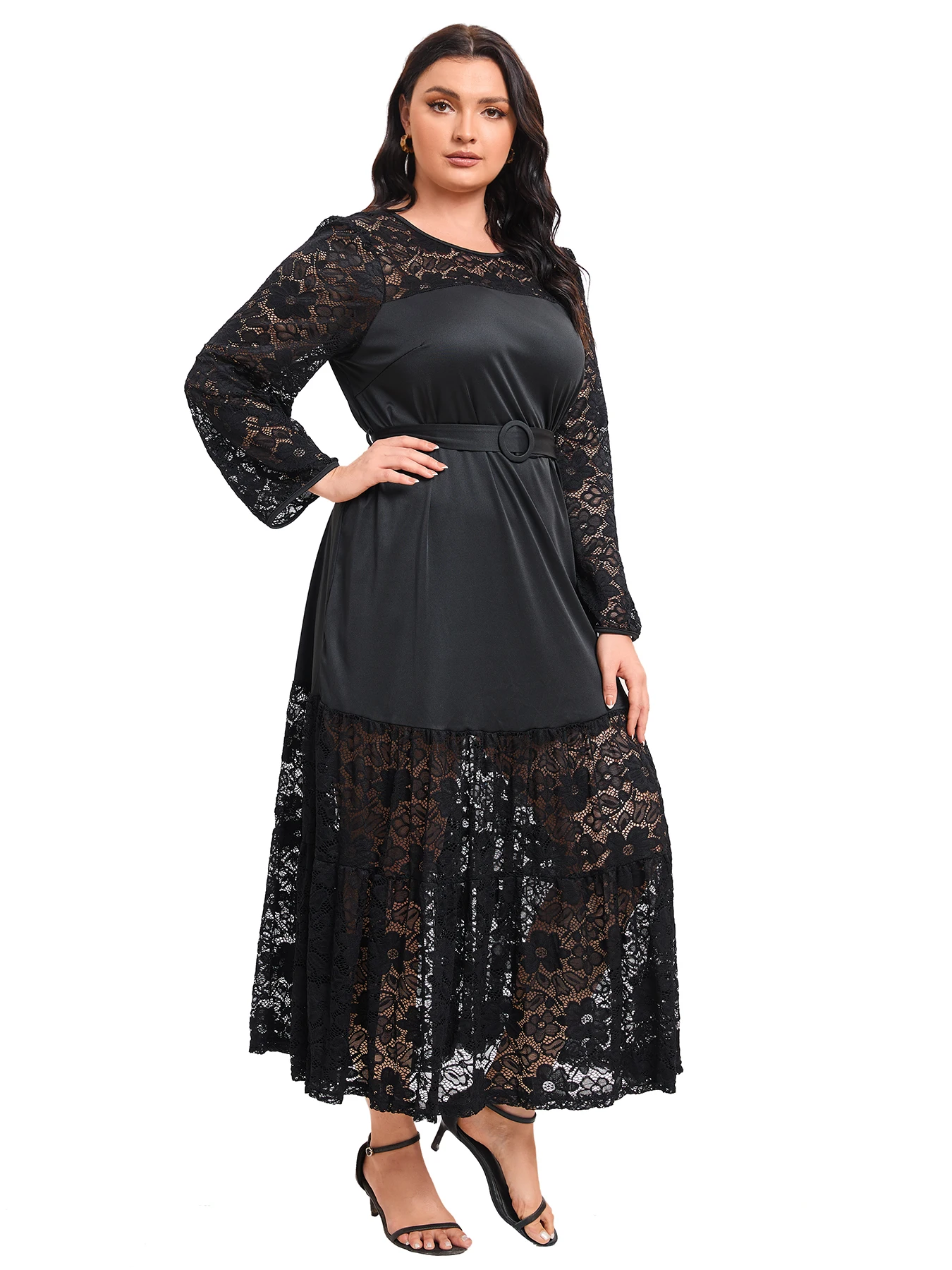 

Plus Size Women's European and American Slim Fitting Temperament Lace French Lace Mid Length Dress Vintage Elegant Belt Dress