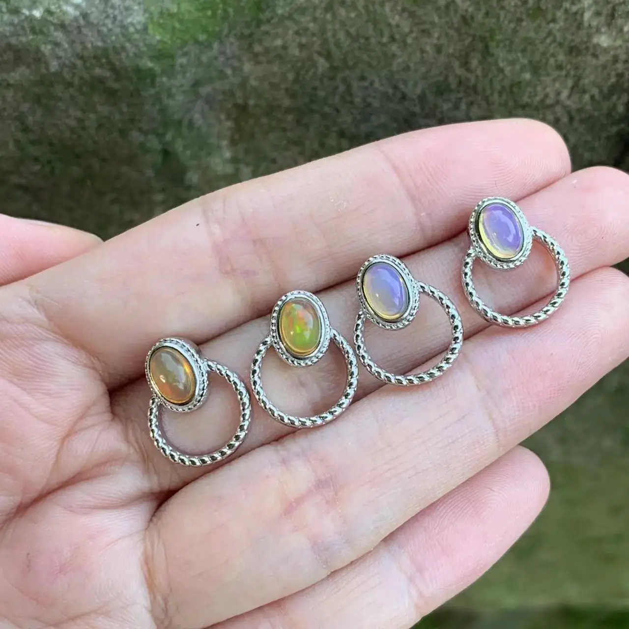 OVAL Vintage Natural Opal Stud Earrings 925 Sterling Silver Femme Gift Jewelry Stone colorful