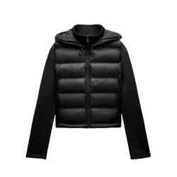 Women's Lightweight Warm Down Jacket with Long Sleeves and Zippered Hood - XS (Black)