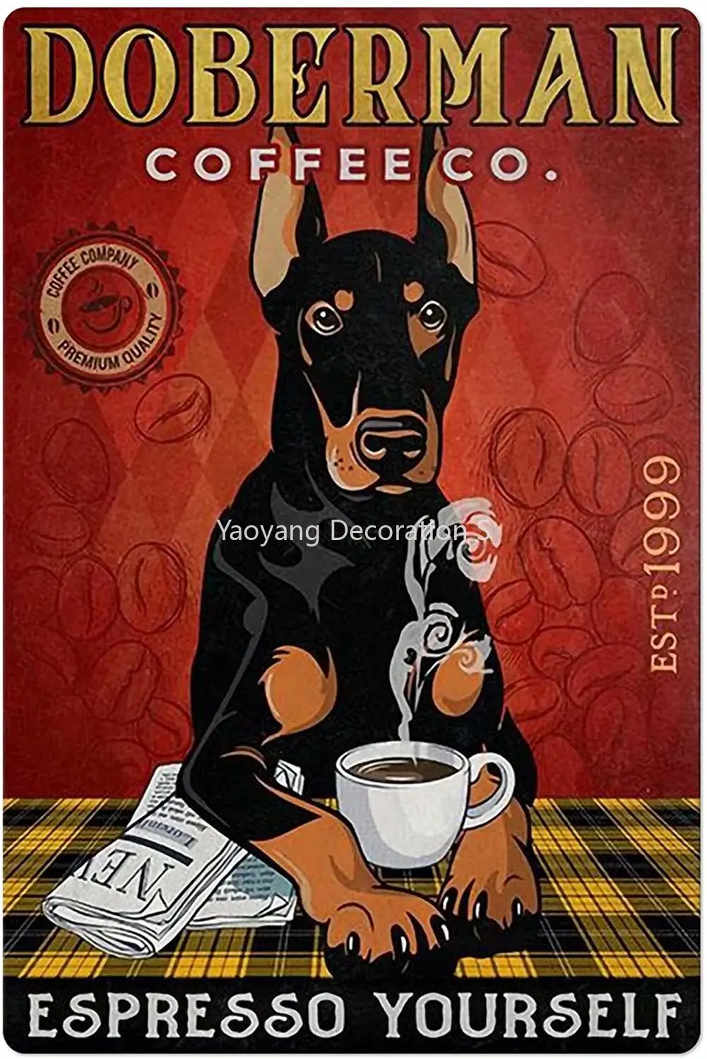 

Dog and Coffee Metal Tin Logo Doberman Coffee Company Retro Printing Poster Bar Restaurant Cafe Wall Decoration Plaque