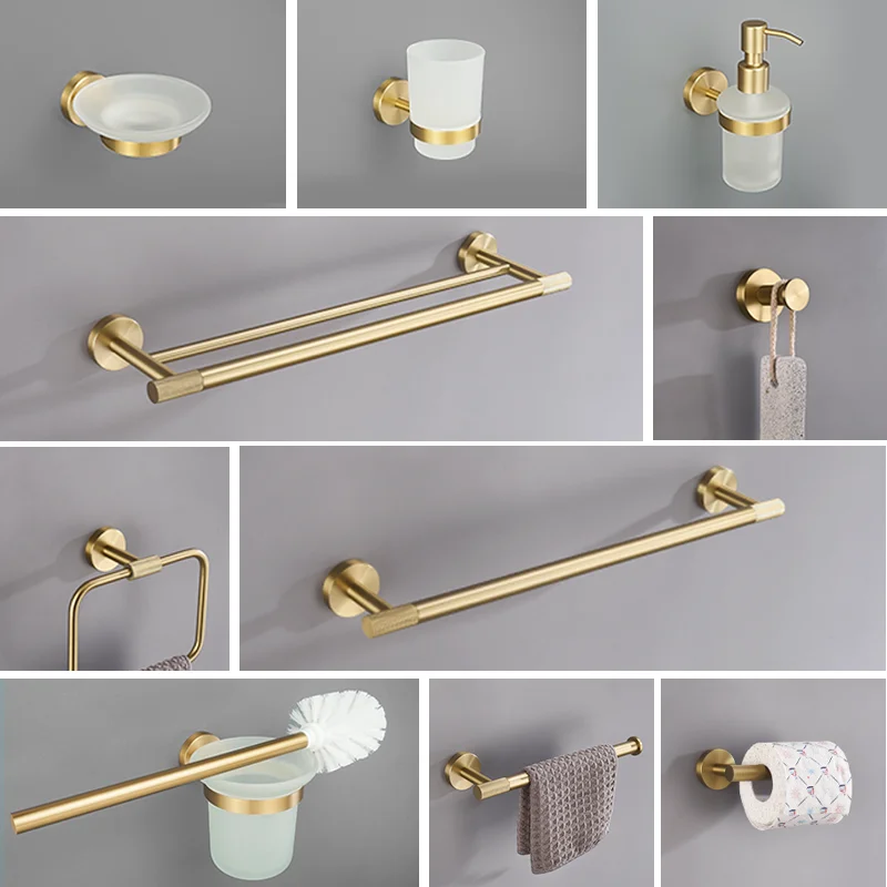 Description Picture 2 of itemBrushed Gold Brass Knurled Round Kit Toilet Brush Towel Bar Ring Robe Hook Paper Holder Towel Ring Cup Holder Soap Dish Set