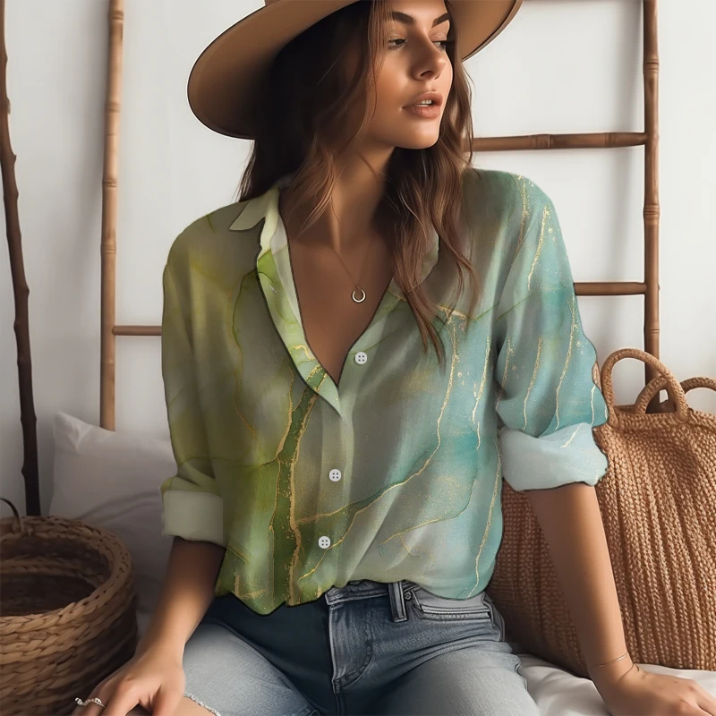 

Spring and Autumn Beach Holiday Women's Shirt Classic Button Long Sleeve Shirt Fashion 3D Printed Turn-down Collar Shirt