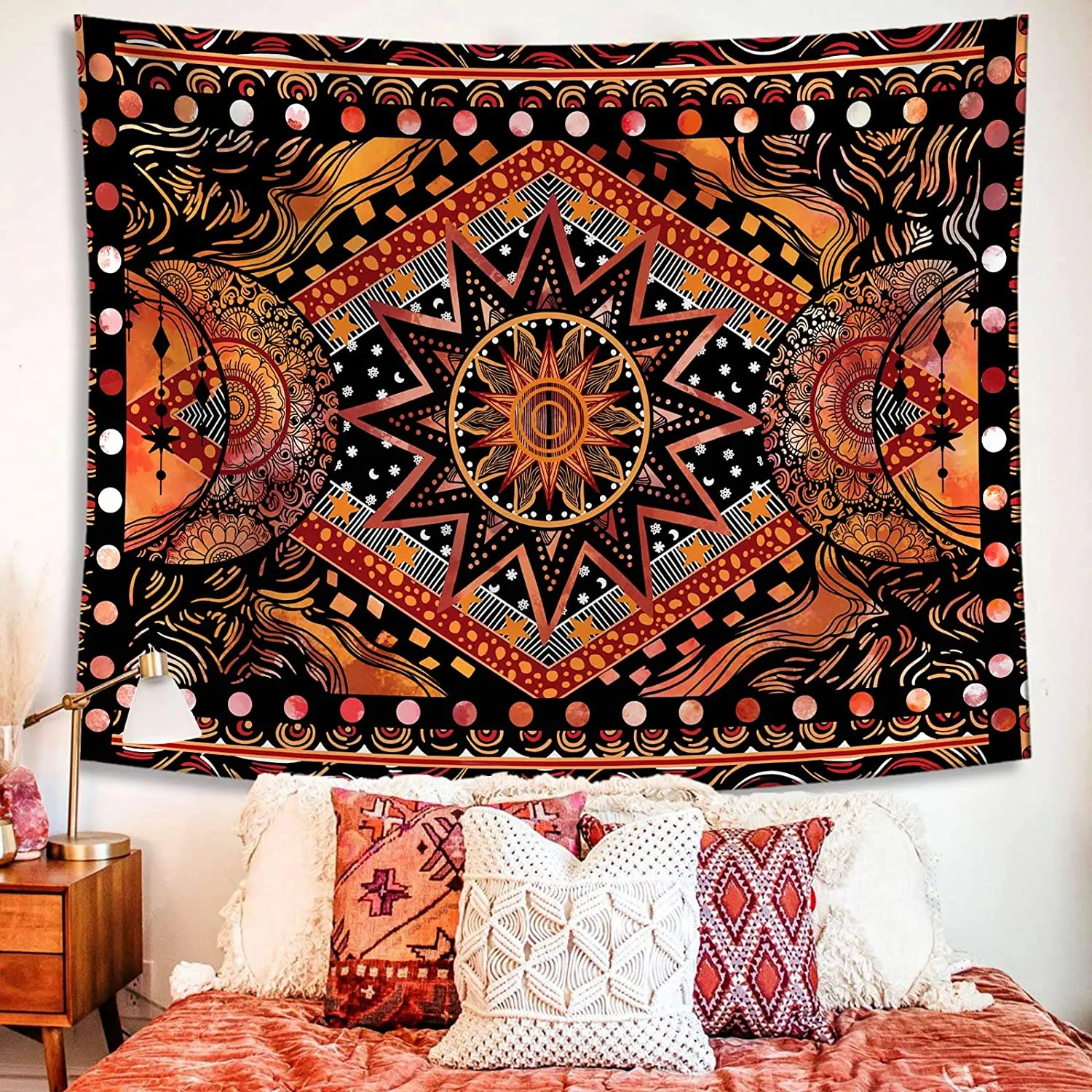 Orange Sun and Moon Tapestry Wall Hanging Indie Hippie Mandala Cool Wall Tapestries Aesthetic Tapestry for Bedroom Living Room tapestry decor