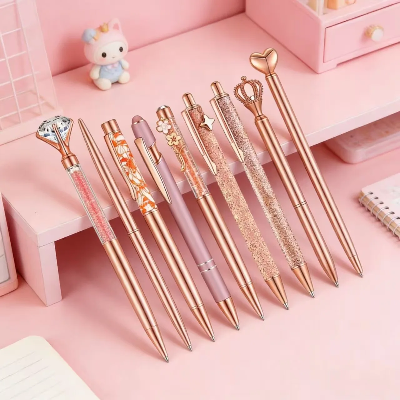 8/9개 로즈골드 볼펜 여성용 학용품 세트 액체 모래 글리터 블랙 잉크 펜 결혼식 사무용품 선물