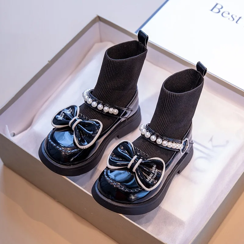 Hig Top Sock Opening Child Princess Boots Girls Leather Shoes Child Leather Princess Shoes Beautiful Fashion Kids Casual Shoe