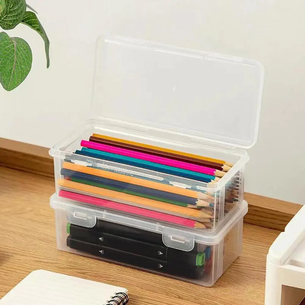 Stackable Pencil Storage Box Transparent Stationery Storage Box Pen Holder Simple Clear Student Desktop Snap-on Lid Pen Case pen holder,desktop storage box,stationery organizer,stationery storage box,pen pencil case