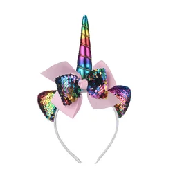 Unicorn Sequin Ribbon Bow Hairband for Kids - Cute Party & Photography Prop (Rainbow)