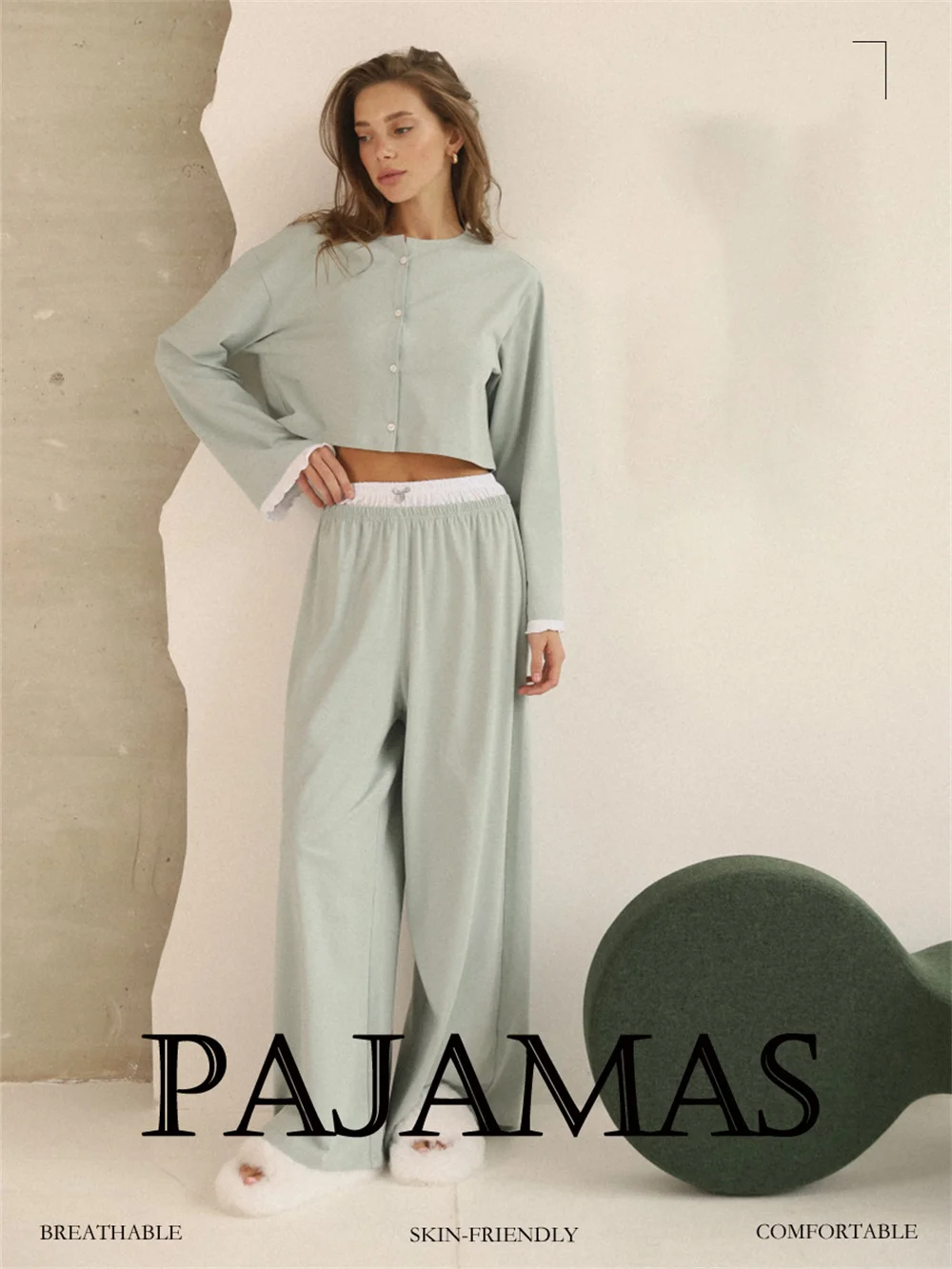 Long sleeve pajamas with button-front cardigan top, full-length pants, and cozy lounge fit