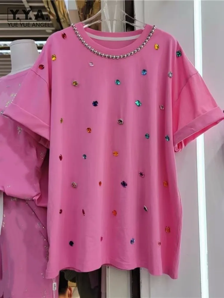 

Loose Fit Solid Color Diamonds Women Causal T-Shirt Short Sleeve Summer Pullover Tees Top O-Neck Fashion T-Shirts Female Clothes