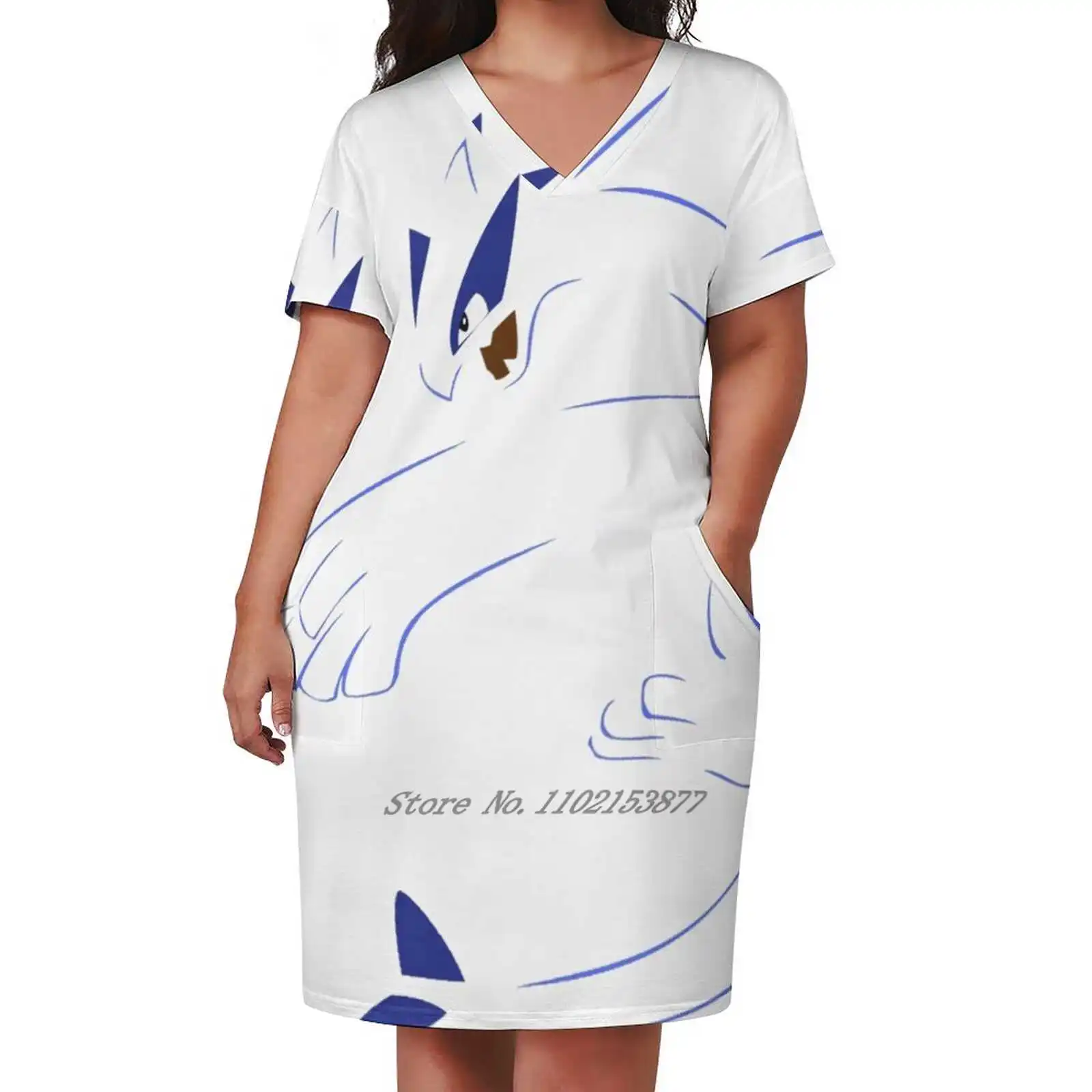 #251 Lugia Loose Pocket Dress Women'S Printed Dresses V Neck Casual Dress New Design Pokewalls Lugia Legendary Y2K Dresses For