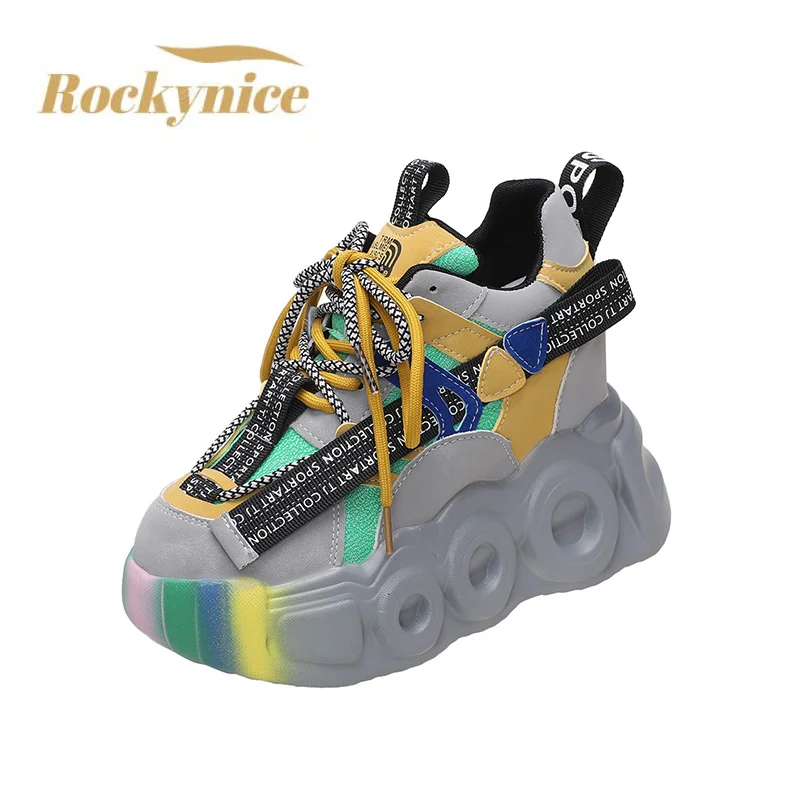 

Chunky Leather Sneakers Women 2022 Autumn Hidden Heel Platform Sports Dad Shoes Woman Lace Up Colourful Winter Casual Shoes 10CM