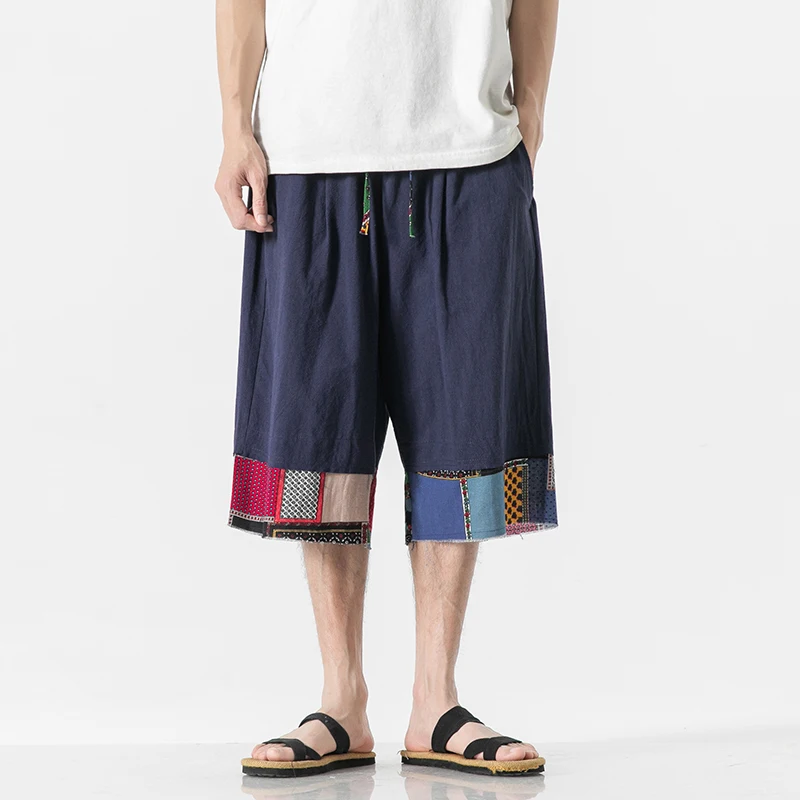 

Chinese Style Calf-length Cotton Linen Casual Men's Pants Streetwear Harajuku Patchwork Men's Summer Shorts