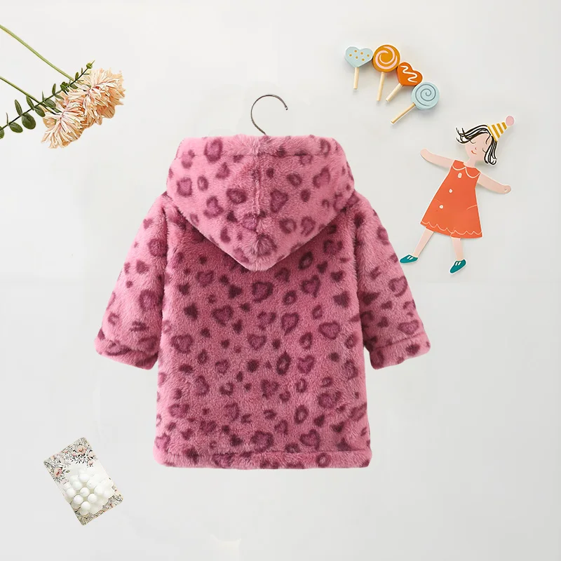 Winter Baby Girl Coat Leopard Print Hooded Single Breasted Jacket Fashionable Warm Cotton Thick Fur Fashionable Top