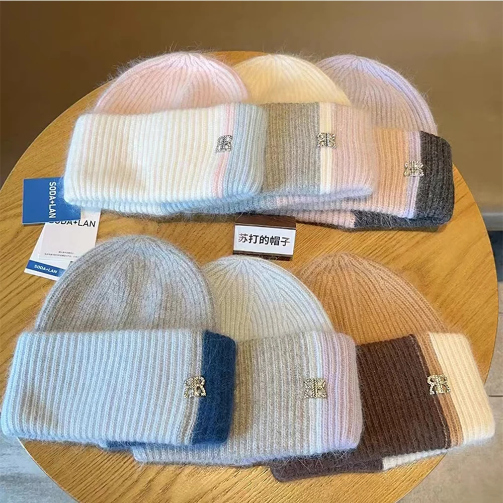 

Pullover hat autumn and winter new rabbit fur wool hat women's hat warm ear protection hat design sensual rhinestone label Korea