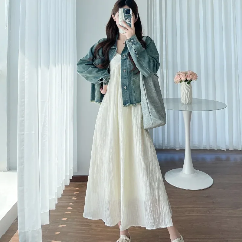 Maternity Clothes Collection Chiffon Tank Dress Denim Jacket 2-Piece Set Suit For Pregnant Women