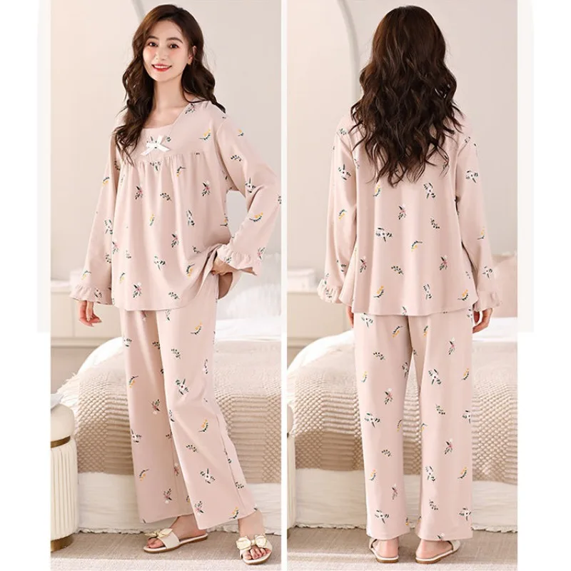 Pajamas Women's Spring Autumn Cotton Sleepwear Set Long-sleeved Trousers Middle-aged Mothers Loungewear Loose Plus-size Suits