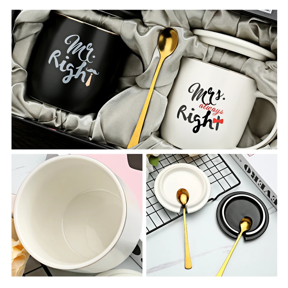 FGYZYP Set di tazze da caffè Mr and Mrs, regalo di nozze per coppie, tazze in marmo in ceramica con confezione regalo e cucchiai, per San Valentino, genitori, anniversario di matrimonio, addio