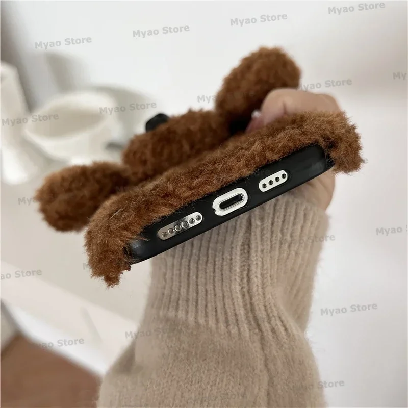 3D Teddy Dog Cartoon Phone Case with Cute Rabbit Fur Cover