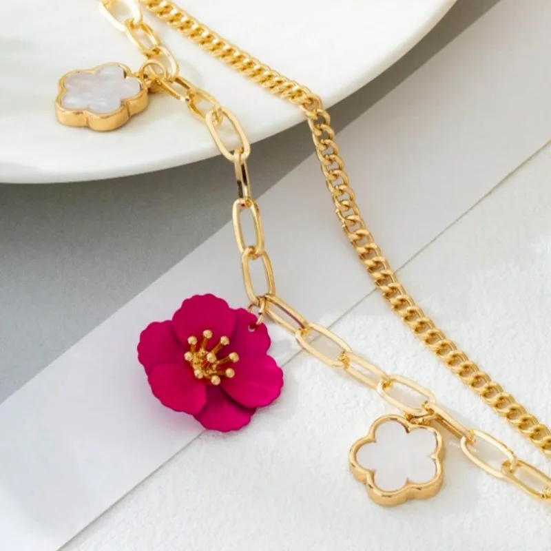 Elegant & Charming Lucky Double Layer Triple Leaf Flower Pendant Anklet for Women Summer Vacation Style Suitable For Holiday