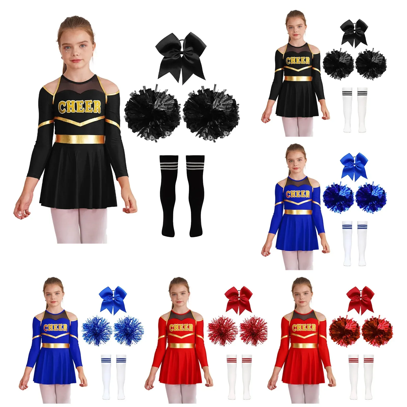 Kids Girls Halloween Cosplay Cheerleader Costume Long Sleeve Cheerleading Dance Dress Uniform Carnival Theme Party Fancy Dress
